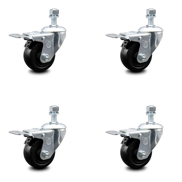 3.5 Inch Hard Rubber 1/2 Inch Threaded Stem Caster Set with Total Lock Brake SCC
